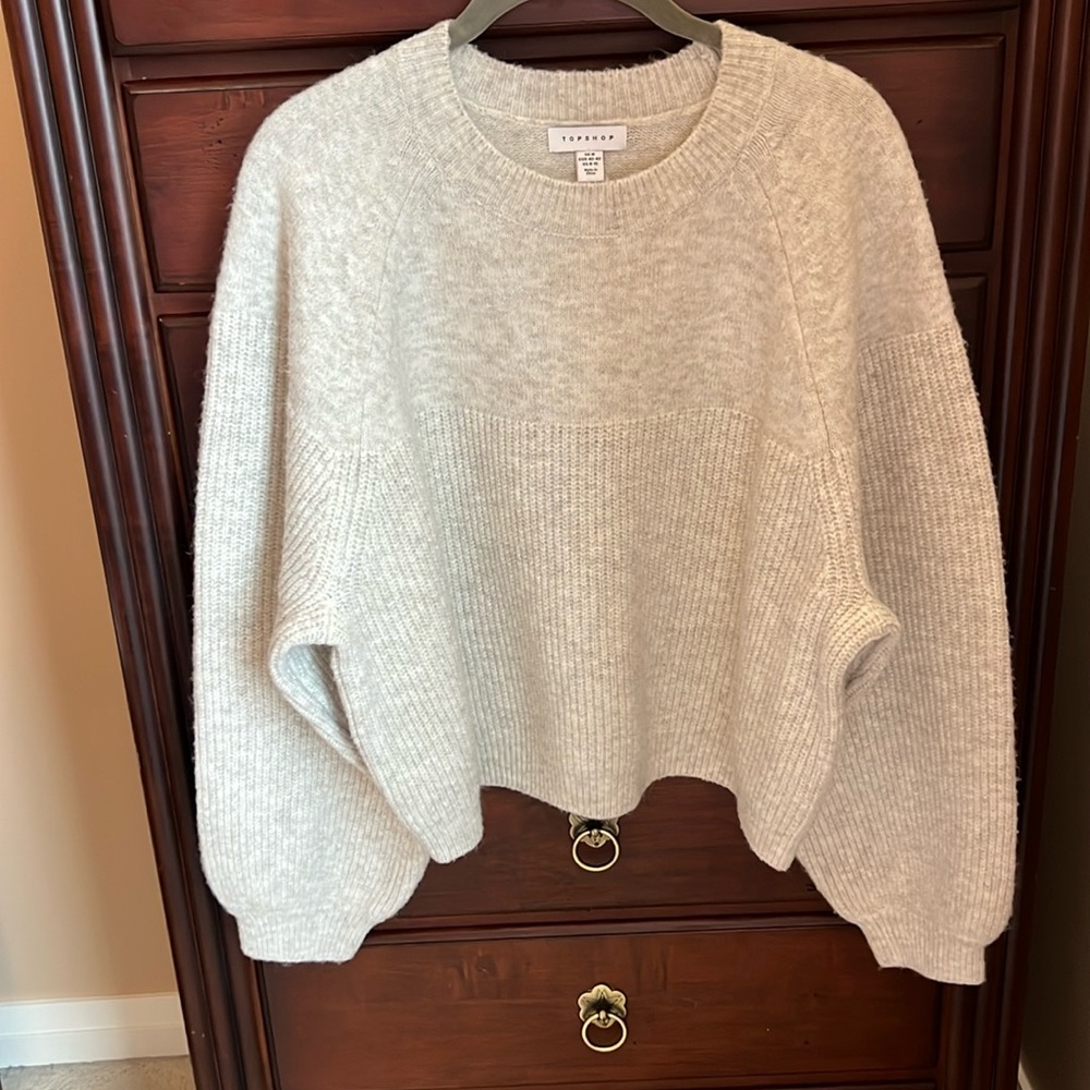 Topshop Mixed Stitch Balloon Sleeve Crop Sweater Cream Medium NWOT